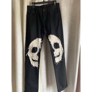 MNML Jeans Mens 32x36 Black Skull Skeleton Straight Tall Raw Hem 5 Pocket Goth
